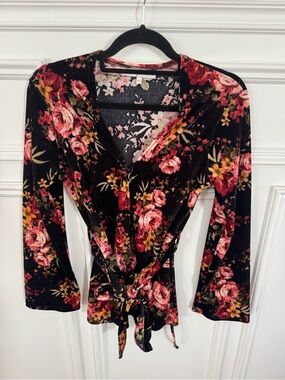 Black Floral Velvet Wrap Blouse with Tie Waist